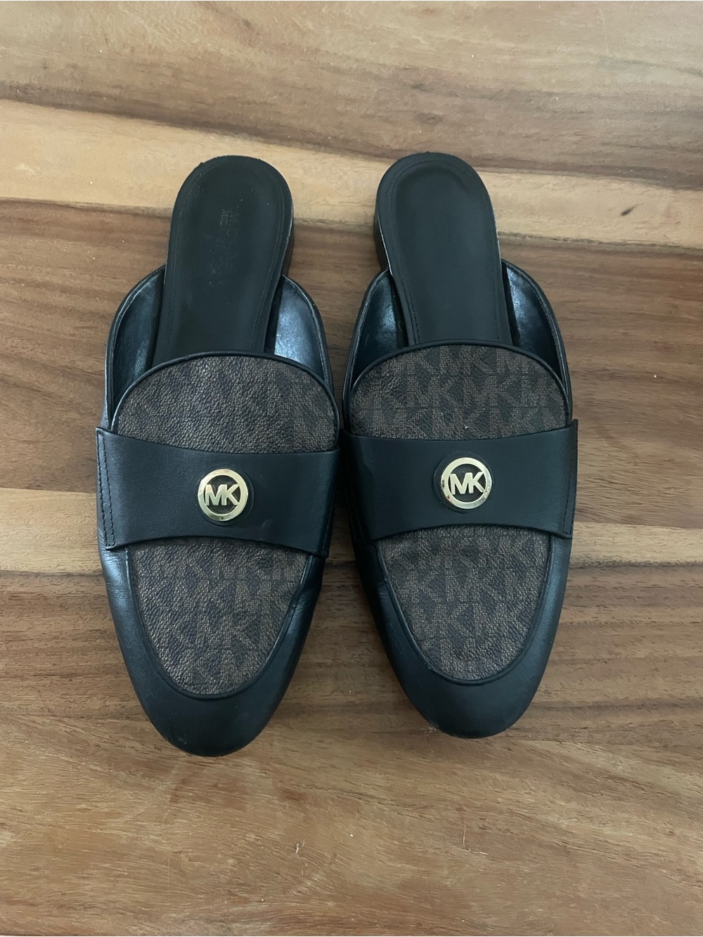 Michael Kors Black & Brown Logo Slip-On Loafers with Gold MK Medallion